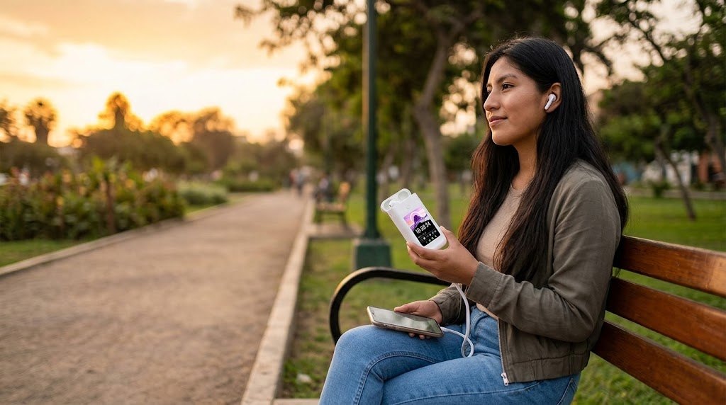 Power bank con audífonos usado en un parque