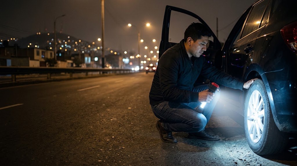 Hombre usando la linterna martillo para revisar la llanta de su auto de noche