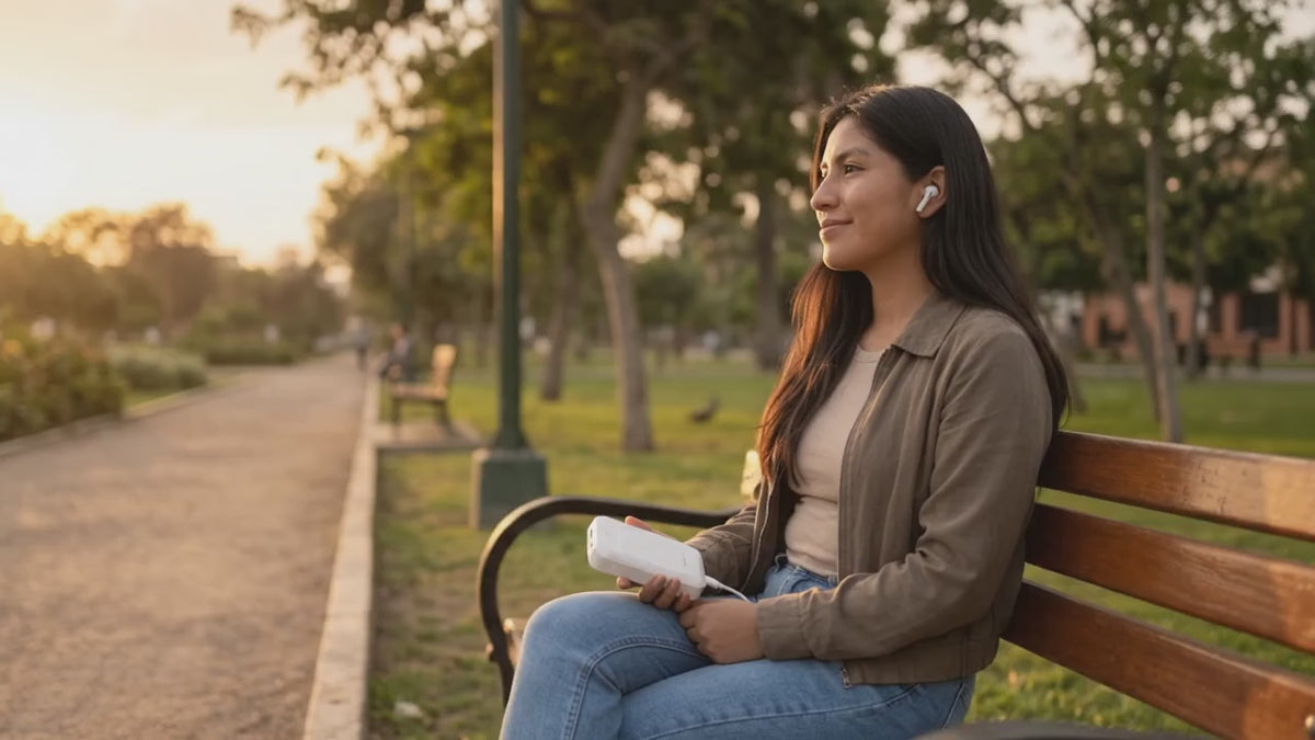 Video de joven usando el power bank blanco con audífonos en el parque