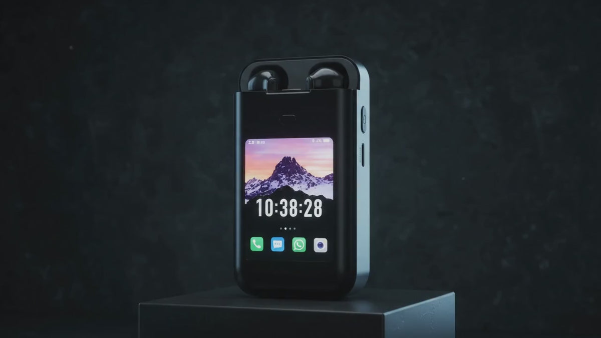 Video del power bank negro con audífonos y pantalla táctil